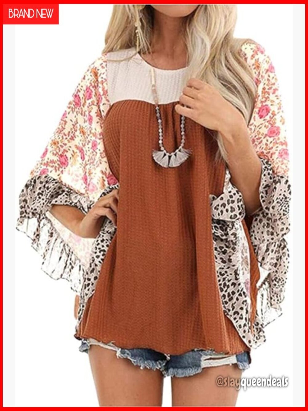 Waffle Knit Batwing Sleeve Blouse Loose Fit Pullover 3/4 Sleeve